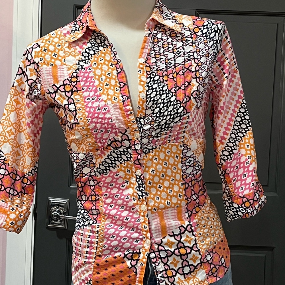 Caribbean Joe Multicolor Patchwork Button Down Sh… - image 1